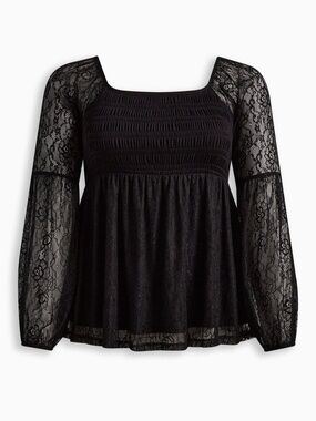 Torrid Stretch Lace Smocked Bodice Square Neck Top Black - Peasant Top